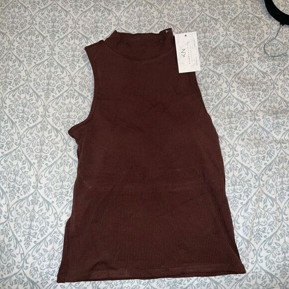 NWT Klassy network RIBBED MOCK NECK BRAMI tank top brown size M - Picture 3 of 7
